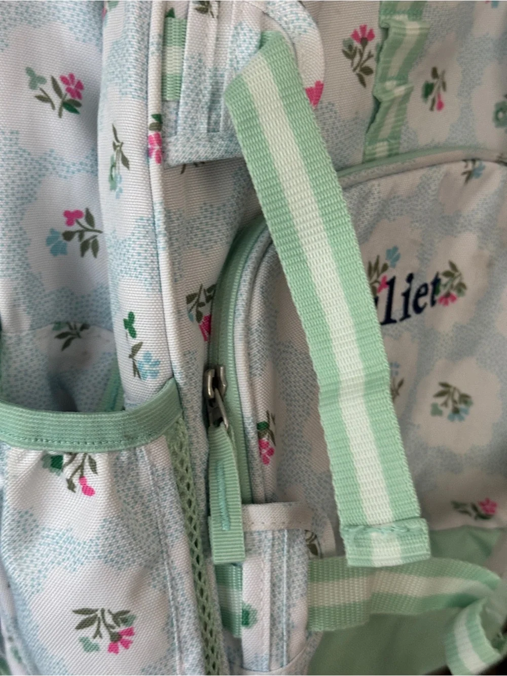 Juliet Pottery Barn Kids backpack floral block print mint pastel flowers large